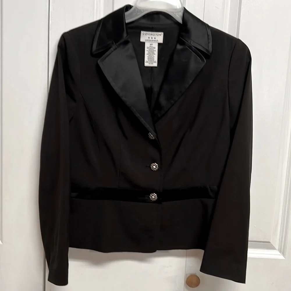 Covington Black Satin Trim Metal Rhinestone Button Blazer Size 12P
